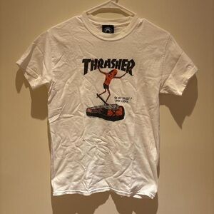 Thrasher White Tee with Skater Graphic